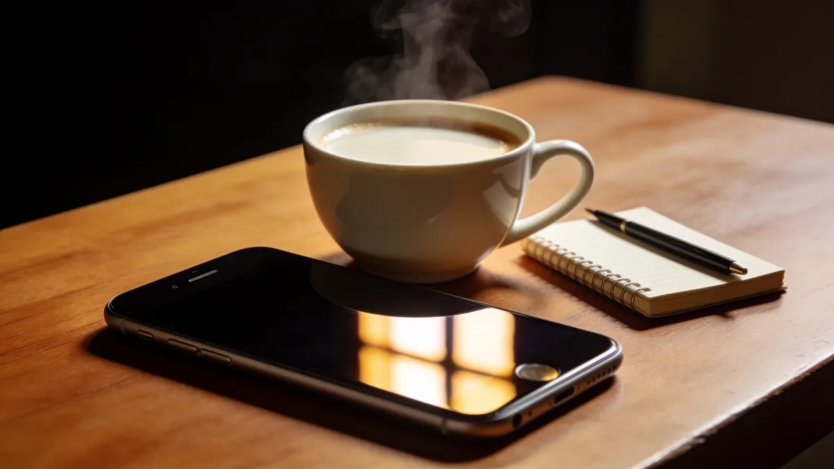A phone and a fresh flat white waiting on a wooden table in soft morning light