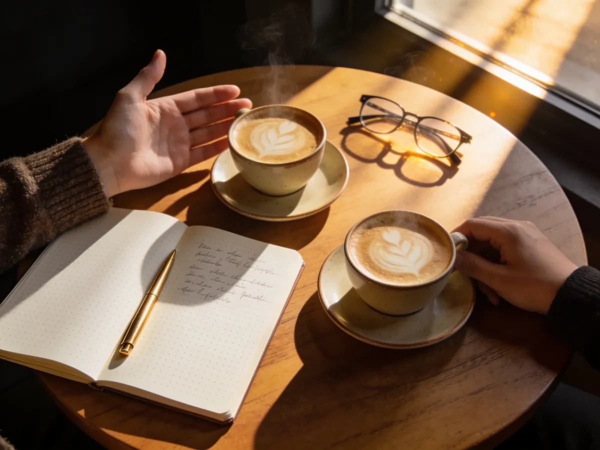 Two coffees and an open notebook on a wooden table during a one-to-one conversation