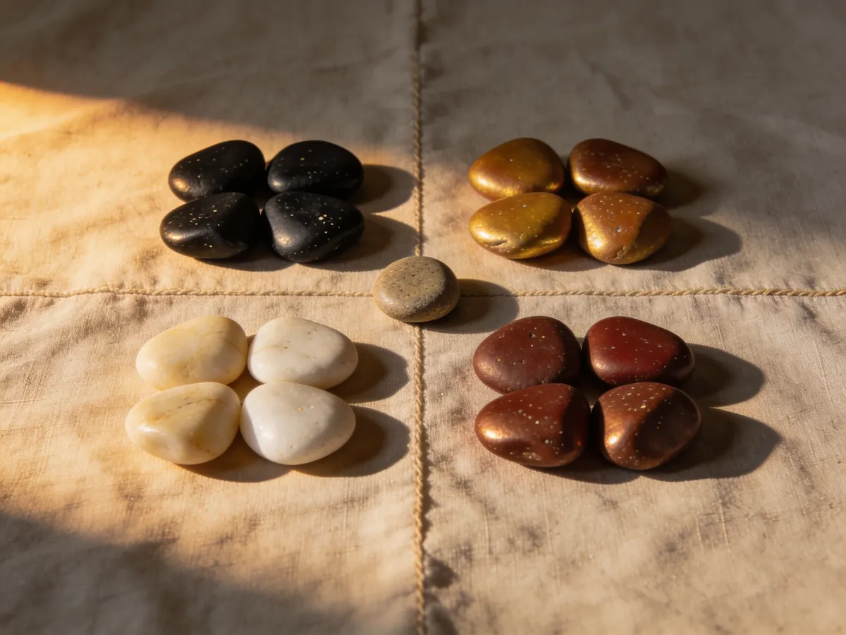 River stones sorted into four colour groups on linen with a single stone at the centre