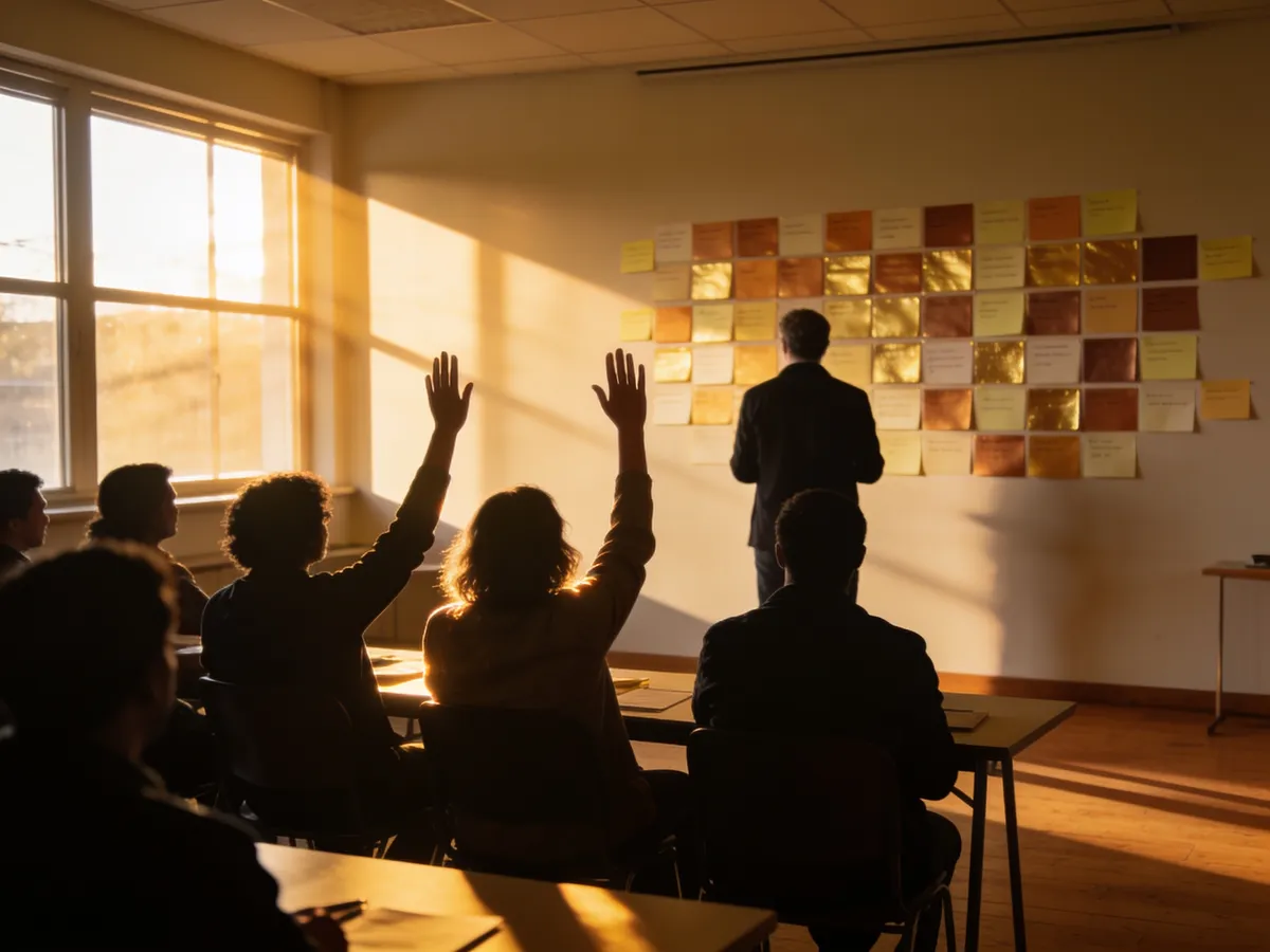 Workshop seen from the back of the room with participants' hands raised in warm window light