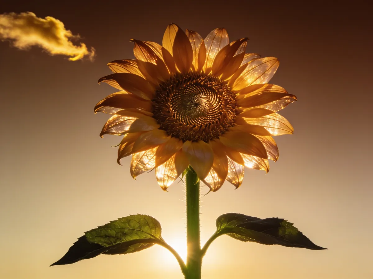 A single sunflower in full bloom backlit against a warm evening sky